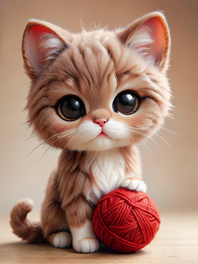 zhibi, chibi, cat, small cat, chibi cat, cute, with red big ball of wool <lora:zhibi:1>