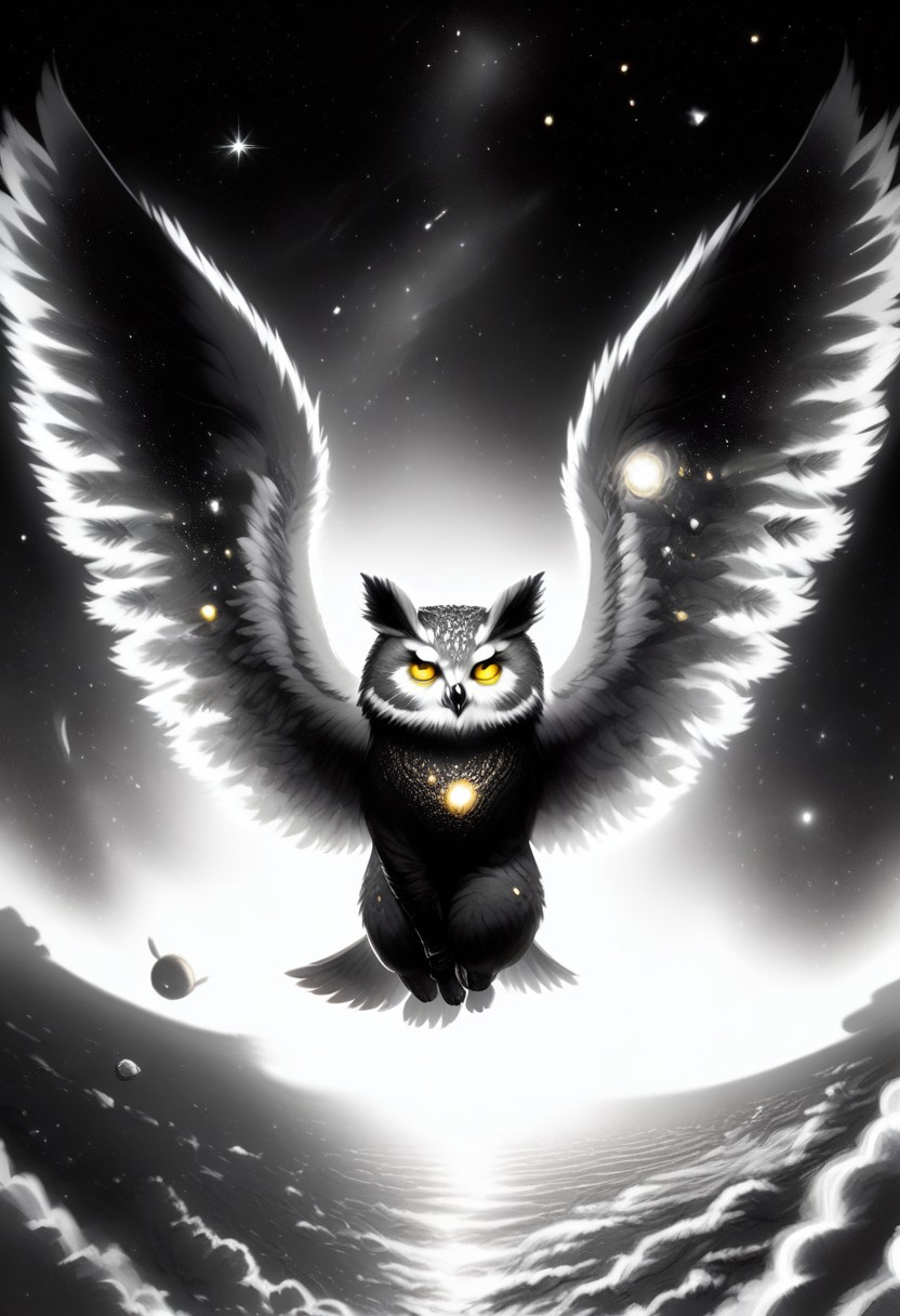 Score_9, Score_8_up, Score_7_up, lora:Navi_Celestial_Skin_PonyXL:1.1 nv-celestialskin, redpandafolk, rabbitfolk, owlfolk, foxfolk, sketch, monochrome, greyscale, YR_GradLight, 0u73r5p4c3, space, planet, nebula, galaxy, asteroid, GalaxyTelepurteSDXL, StarrySkies, scenery, stars (sky), background, night sky, vibrant colored skin, void cosmic body, deep black skin, ethereal silhouette, nebula patterns, animal theme focus, majestic owl