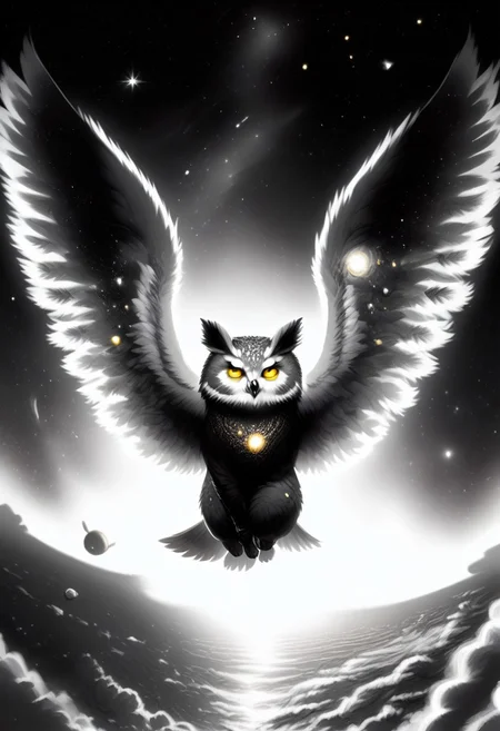 Score_9, Score_8_up, Score_7_up, lora:Navi_Celestial_Skin_PonyXL:1.1 nv-celestialskin, redpandafolk, rabbitfolk, owlfolk, foxfolk, sketch, monochrome, greyscale, YR_GradLight, 0u73r5p4c3, space, planet, nebula, galaxy, asteroid, GalaxyTelepurteSDXL, StarrySkies, scenery, stars (sky), background, night sky, vibrant colored skin, void cosmic body, deep black skin, ethereal silhouette, nebula patterns, animal theme focus, majestic owl
