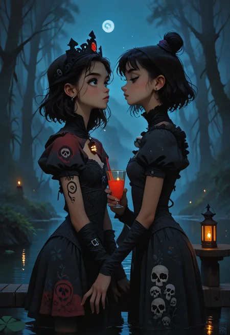 score_9, score_8_up, score_7_up, score_6_up, masterpiece, two stunning women, (women focus), , 2 adult women Elsa and Snow White,, cocktail dresses, sitting together on a pier, looking at another, black hair, short hair, disheveled hair, long brown hair, , easynegative, sinozick style, flat color, dark theme, slimes_skullwm, made of skulls, shiny skin, shiny, Stable_Yogis_PDXL_Negatives, FFanime Style, g4n1m3