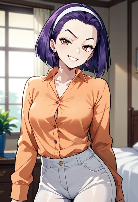 Expressiveh, score_9, score_8_up, score_7_up, source_anime, <lora:GreatM8_Style_XL_Pony_Revision:1>, greatm8 style, Tomoko Higashikata, earrings, 1girl, solo, smug, expressive eyes, brown eyes, purple hair, short hair, hair band, orange shirt, button-up shirt, white pants, perky breasts, fit body, (standing, sexy pose), (indoors, bedroom, dynamic lighting)