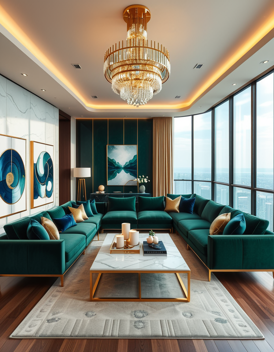 A lavish and modern luxury living room with a spacious open layout. The room features a grand chandelier with crystal details hanging from a high ceiling. Plush velvet sofas in deep emerald green and navy blue are arranged around a sleek marble coffee table with gold accents. The floor-to-ceiling windows allow natural light to flood the space, revealing a breathtaking city skyline in the background. A contemporary fireplace with a sculptural design adds warmth, while elegant artwork and designer decor pieces complete the sophisticated ambiance. The lighting is soft and ambient, creating a cozy yet opulent atmosphere.
<lora:SDXLFaeTastic2400:0.4> <lora:extremely_detailed:0.4> extremely detailed,  <lora:luxurious_l1v1ng_r00m:1>,luxurious l1v1ng r00m, Masterpiece,best quality,hi res,8k,hi res,8k,award winning,(sharp focus, intricate, highly detailed),