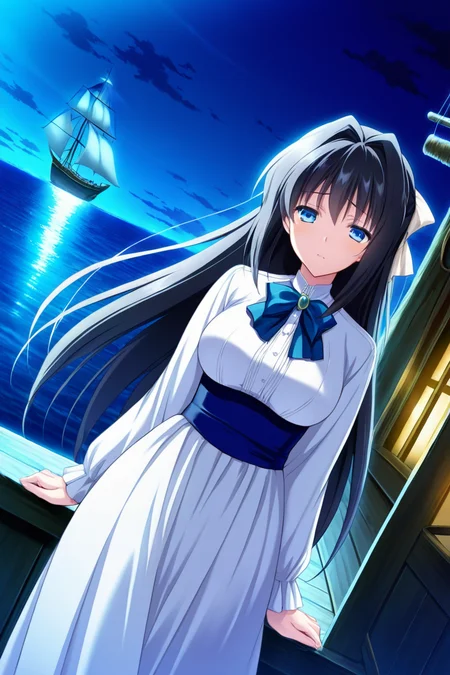 (masterpiece, best quality, game cg,highly_detailed,extremely_detailed_CG_unity_8k_wallpaper,illustration,highres,absurdres:1.2),1girl,solo,<lora:Sakuya:1> BRSakuya,black hair,long hair,hair intakes,white hair ribbon,blue eyes,white dress,long sleeves,blue bowtie,blue sash,looking at viewer,sad expression,cowboy shot,dutch angle,pirate ship,on ship,night,moonlight,sea,reflective light,from below