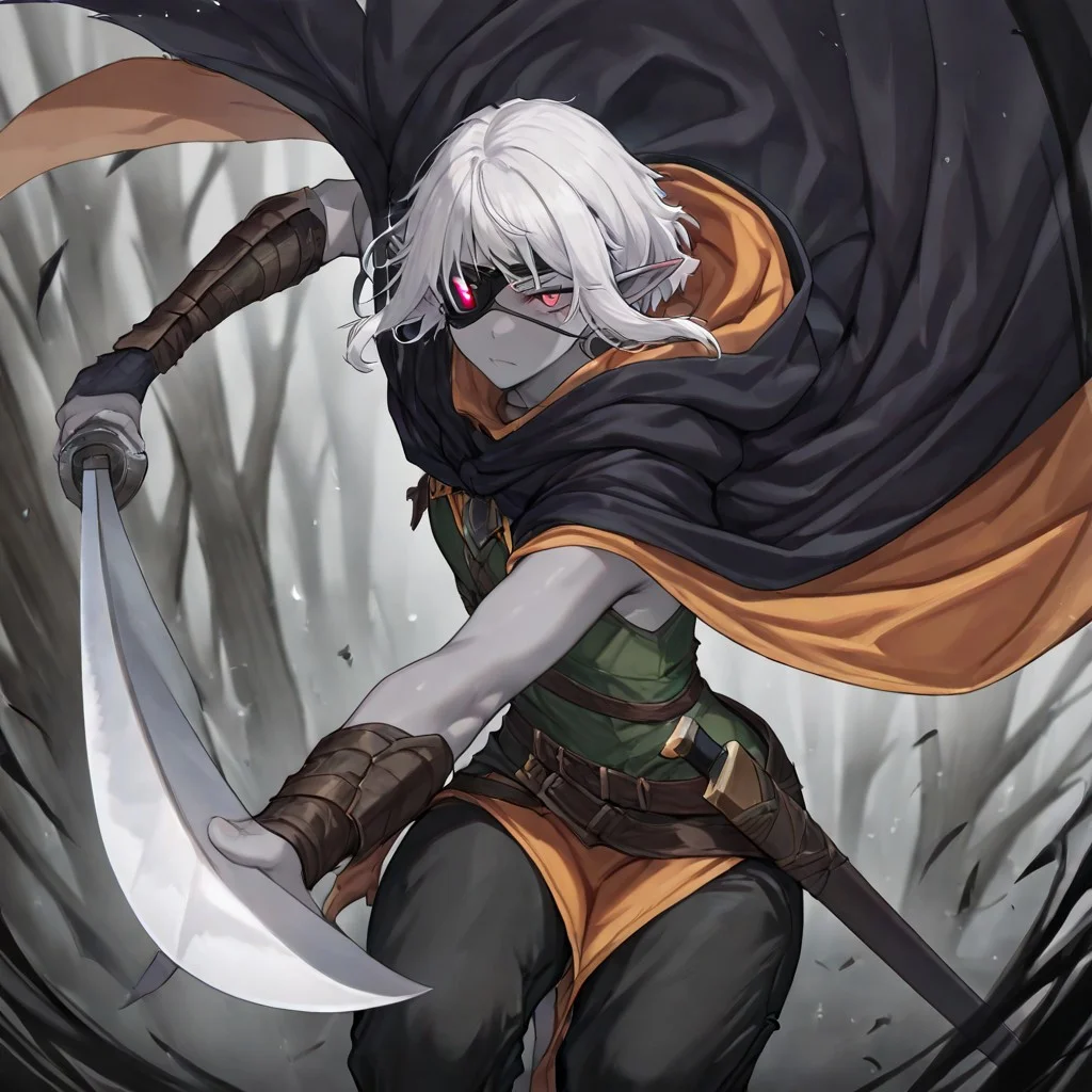 masterpiece, best quality, newest, absurdres, highres,
INCSV1.0, incoming attack, holding sword, sword, holding weapon, holding, weapon,
1boy, pale, pale skin, grey skin, hood, hooded cape, rogue, assasin, dark elf, pointy ears, eyepatch,