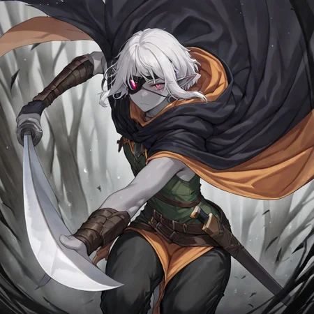 masterpiece, best quality, newest, absurdres, highres,
INCSV1.0, incoming attack, holding sword, sword, holding weapon, holding, weapon,
1boy, pale, pale skin, grey skin, hood, hooded cape, rogue, assasin, dark elf, pointy ears, eyepatch,