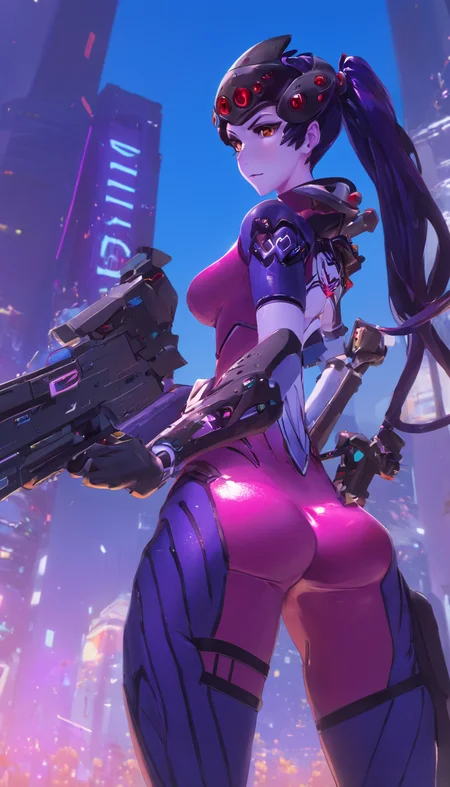 anime artwork Cinematic scene, hero view, Widowmaker, Overwatch <lora:widowmaker_xl_v1:1>, action pose, detailed background, masterpiece, best quality, high quality, absurdres . anime style, key visual, vibrant, studio anime, highly detailed