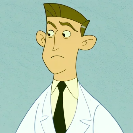 James_Possible, brown hair, white temple hair, black eyes, big ears, arched nose, clean shaven, score_9, score_8_up, score_7_up, score_6_up, masterpiece, high_res, intricate details, white shirt, black necktie, white lab coat
