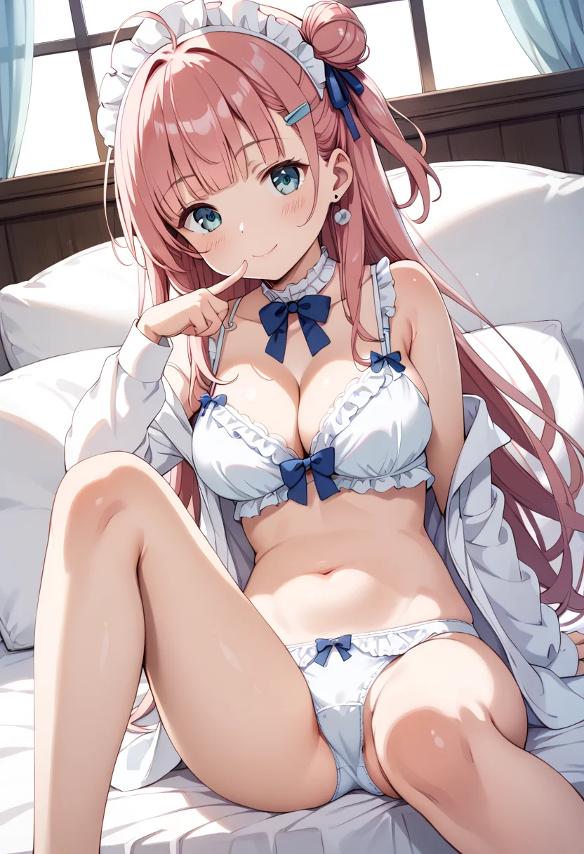 score_9, score_8_up, score_7_up, BREAK
1girl, solo, navel, long hair, looking at viewer, sitting, blue eyes, bare shoulders, stomach, off shoulder, maid headdress, open clothes, hair ornament, smile, hair bun, open shirt, long sleeves, indoors, (white shirt:1.4), hairclip, thighs, collarbone, bangs, frills, spaghetti strap, curtains, cleavage, closed mouth, side bun, camisole, pillow, blush, midriff, hand up, finger to mouth, white choker, earrings, feet out of frame, blue bow, bare legs, couch, armpit crease, very long hair, arm support, lips, blunt bangs, pointing at self, pink hair, on bed, index finger raised, one side up, window, white bra, blue ribbon, knees up, finger to cheek, knee up, pointing, eyebrows visible through hair, large breasts, underwear, sidelocks, hair ribbon, white camisole, bed, frilled bra, white panties, red hair, headdress, ass, day, sunlight, lingerie, ahoge, aqua eyes