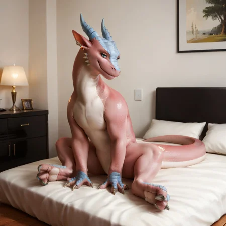 score_9, score_8_up, score_7_up, score_6_up, score_5_up, score_4_up, masterpiece, high quality, realistic, detailed, best quality, white bed, solo, rating_safe, source_furry, bedroom, smiling, seductive, looking at viewer, sitting, feral, azlyn, dragon, pink scales, horns, tail, claws, green eyes, earring, white underbelly, female, 1girl