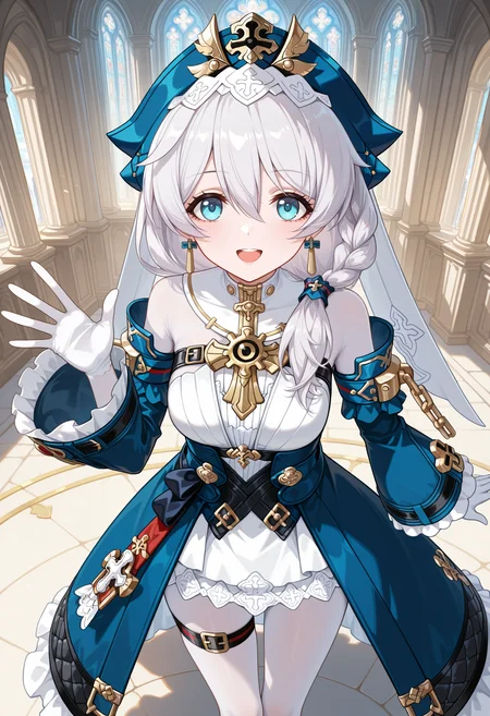 <lora:theresa apocalypse-zj_v1-000050:1>,
theresa apocalypse-zj,1girl,solo,white hair,dress,blue eyes,earrings,nun,long sleeves,white pantyhose,bodystocking,long hair,hat,hair between eyes,side ponytail,gloves,braid,jewelry,white bodystocking,standing,white dress,cathedral,sunshine,smile,cowboy_shot,upper teeth only,waving,white skirt,from_above,from_side,single thigh strap