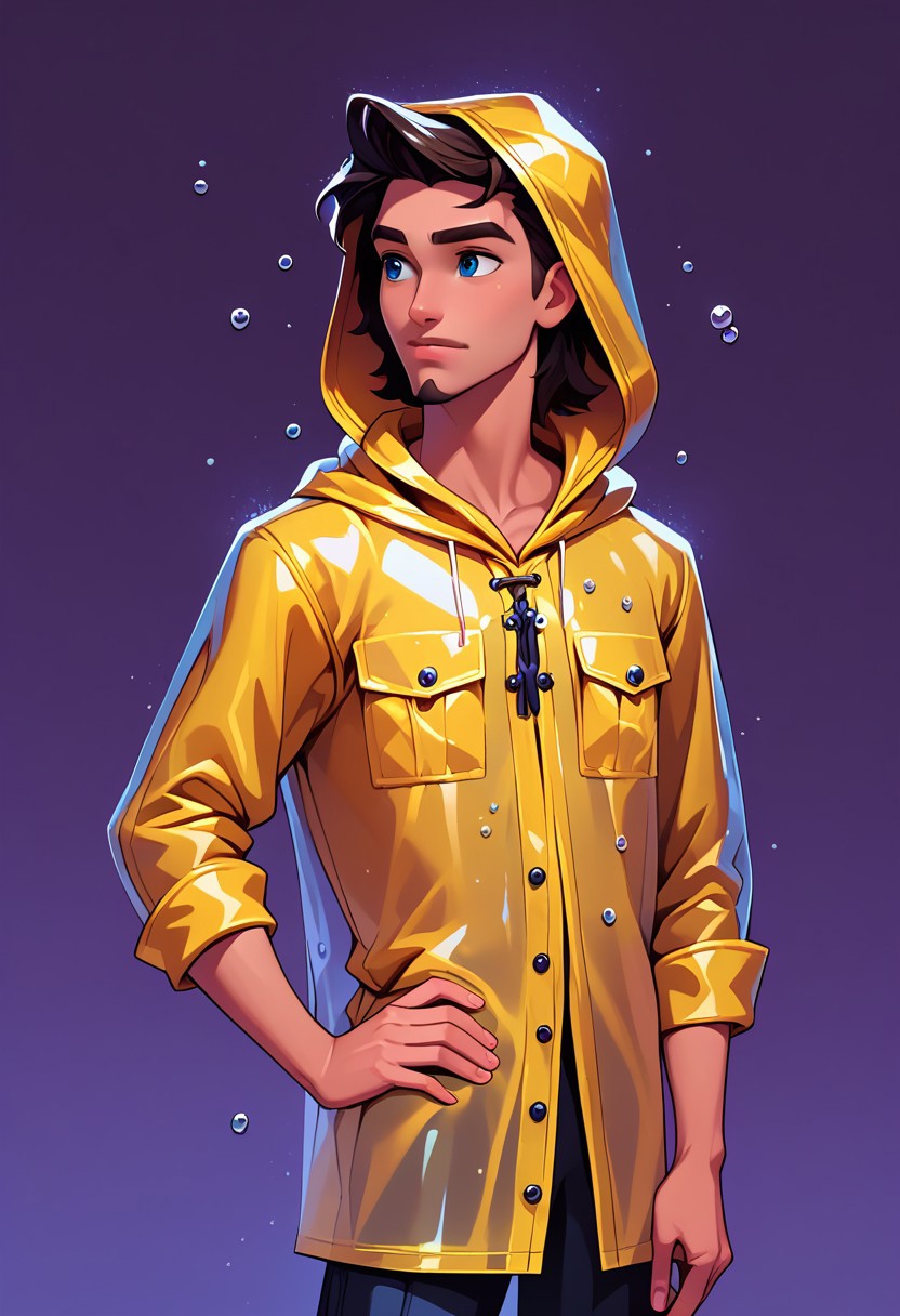 score_9, score_8_up, score_7_up, mgas, masterpiece, best quality, detailed eyes, detailed face, perfect eyes, high detailed, absurdres, highres, casual game art, mobile game art, merge 3 game art, character design, BREAK, 1boy, man, mature, solo, handsome, thoughtful, (muscular), blue eyes, dark brown short hair, beard and mustache, yellow hooded raincoat, ((hood on head, black laces from the hood:1.5)), black buttons on the raincoat, two pockets at the bottom of the raincoat, ((water drops on the raincoat:1.5)), BREAK ((right hand up to forehead:1.2)), (left hand on hip:1.5), standing, cowboy shot, BREAK looking into the distance, simple background, purple background, rain