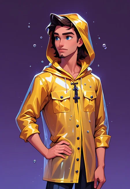 score_9, score_8_up, score_7_up, mgas, masterpiece, best quality, detailed eyes, detailed face, perfect eyes, high detailed, absurdres, highres, casual game art, mobile game art, merge 3 game art, character design, BREAK, 1boy, man, mature, solo, handsome, thoughtful, (muscular), blue eyes, dark brown short hair, beard and mustache, yellow hooded raincoat, ((hood on head, black laces from the hood:1.5)), black buttons on the raincoat, two pockets at the bottom of the raincoat, ((water drops on the raincoat:1.5)), BREAK ((right hand up to forehead:1.2)), (left hand on hip:1.5), standing, cowboy shot, BREAK looking into the distance, simple background, purple background, rain