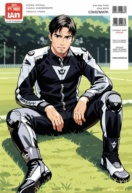 safe_pos, (Aaaild, Aaadjd, manga_cover_style, cover_page_style, magazine_cover_style, text:1.3) source_anime, safe_pos, perfect anatomy, perfect proportions, best quality, masterpiece, high_resolution, high quality, (solo focus, male focus, male only, bara, gay, homo, mature, masculine, manly, virile, macho, hunky, rugged, middle-age, daddy, dilf, handsome), alluring, seductive, heroic, serious, grim, stern, unsociability, bluntness, gruffness, naughty face, moaning, dazed, looking away, focusing gaze, BREAK (asian man, dark eyes, black hair, sideburns, unkept facial hair), BREAK (motor bike racing suit, motor bike suit, racing suit, red/black bodysuit, long sleeves), BREAK sitting on grass ground, lying on back, relaxed pose, leaning slightly, one knee bent upward, legs spread, hand supporting head, contemplative expression, horny, kinky, domination, heavy breathing, enticed, excessively sweaty shiny skin, shading, countershading, outdoors, bright atmosphere, racing Motorcycle track background, scenery, asphalt
