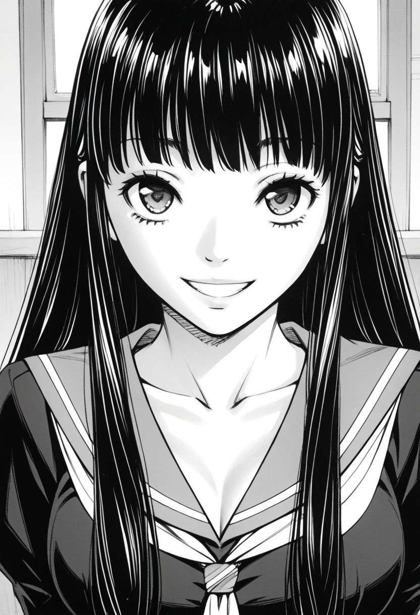 score_9, score_8_up, score_7_up, source_anime,(extremely detailed CG), (best quality),monochrome, greyscale,close-up face,
 1girl, slender body,large breasts,long hair,cowboy shot,bedroom,school uniform ,Smile,