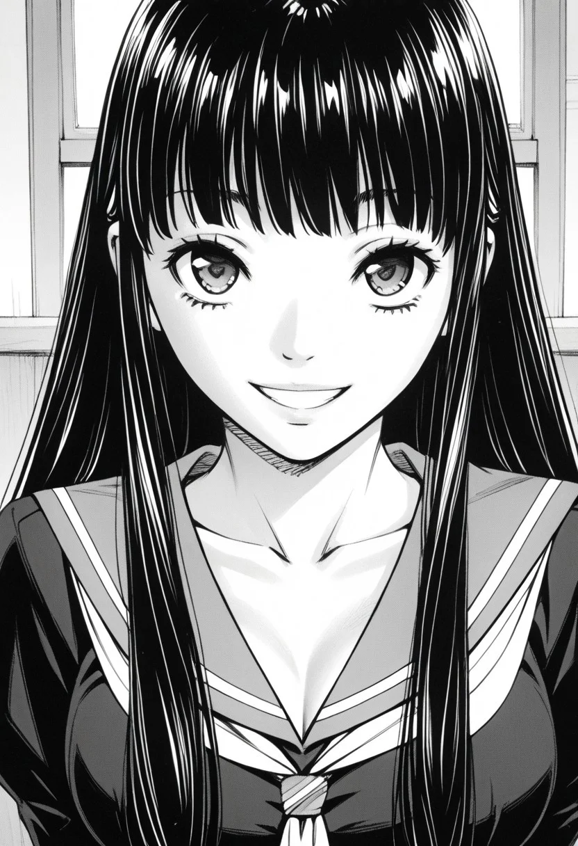 score_9, score_8_up, score_7_up, source_anime,(extremely detailed CG), (best quality),monochrome, greyscale,close-up face,
 1girl, slender body,large breasts,long hair,cowboy shot,bedroom,school uniform ,Smile,