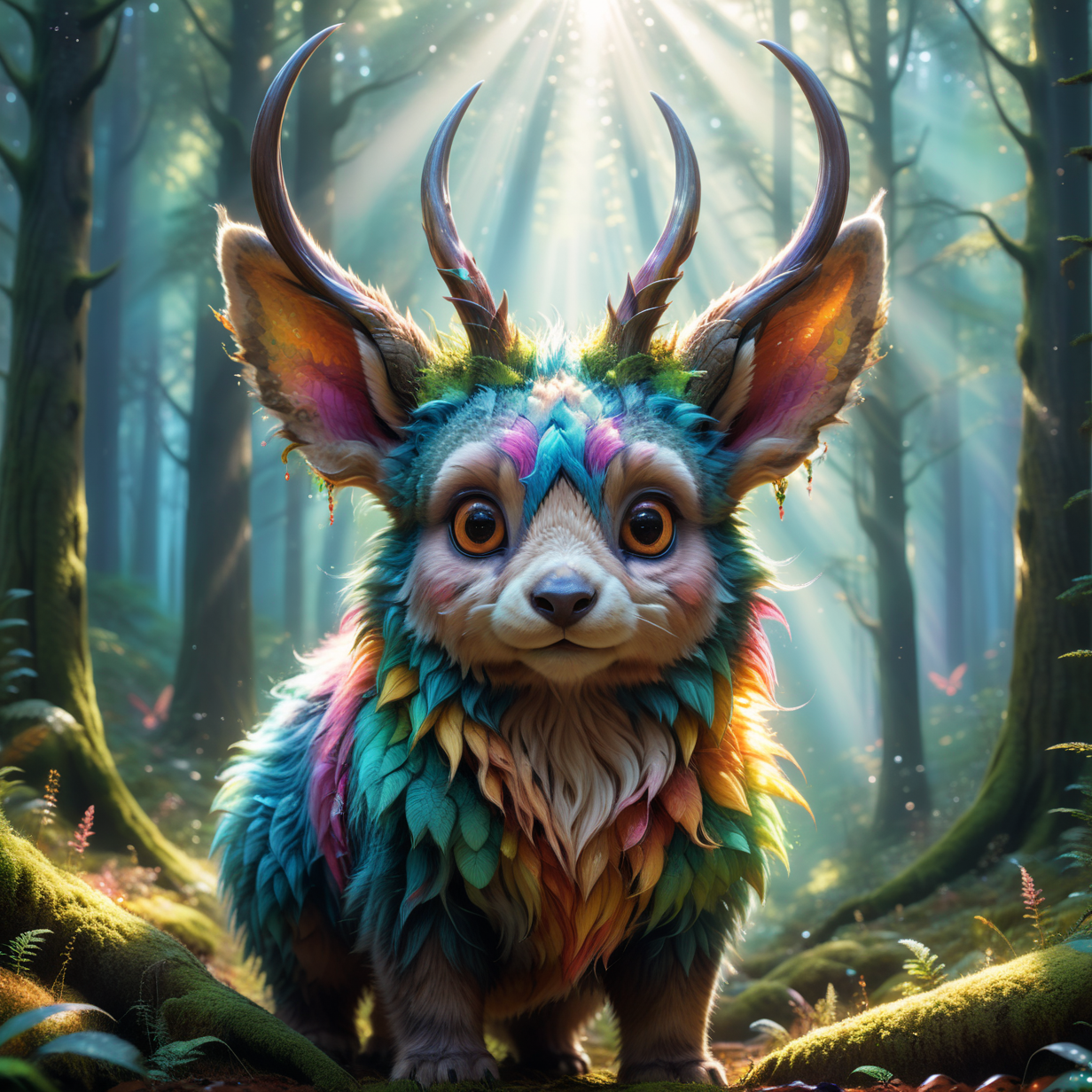 forest     , (best quality, 8K, ultra-detailed, masterpiece), (close-up shot), fluffy feathered big eared creature with intricate horns, vibrant colors, colorful surface due to refraction, fantasy art, hyper detailed, colorful, light rays through beautiful colored forest