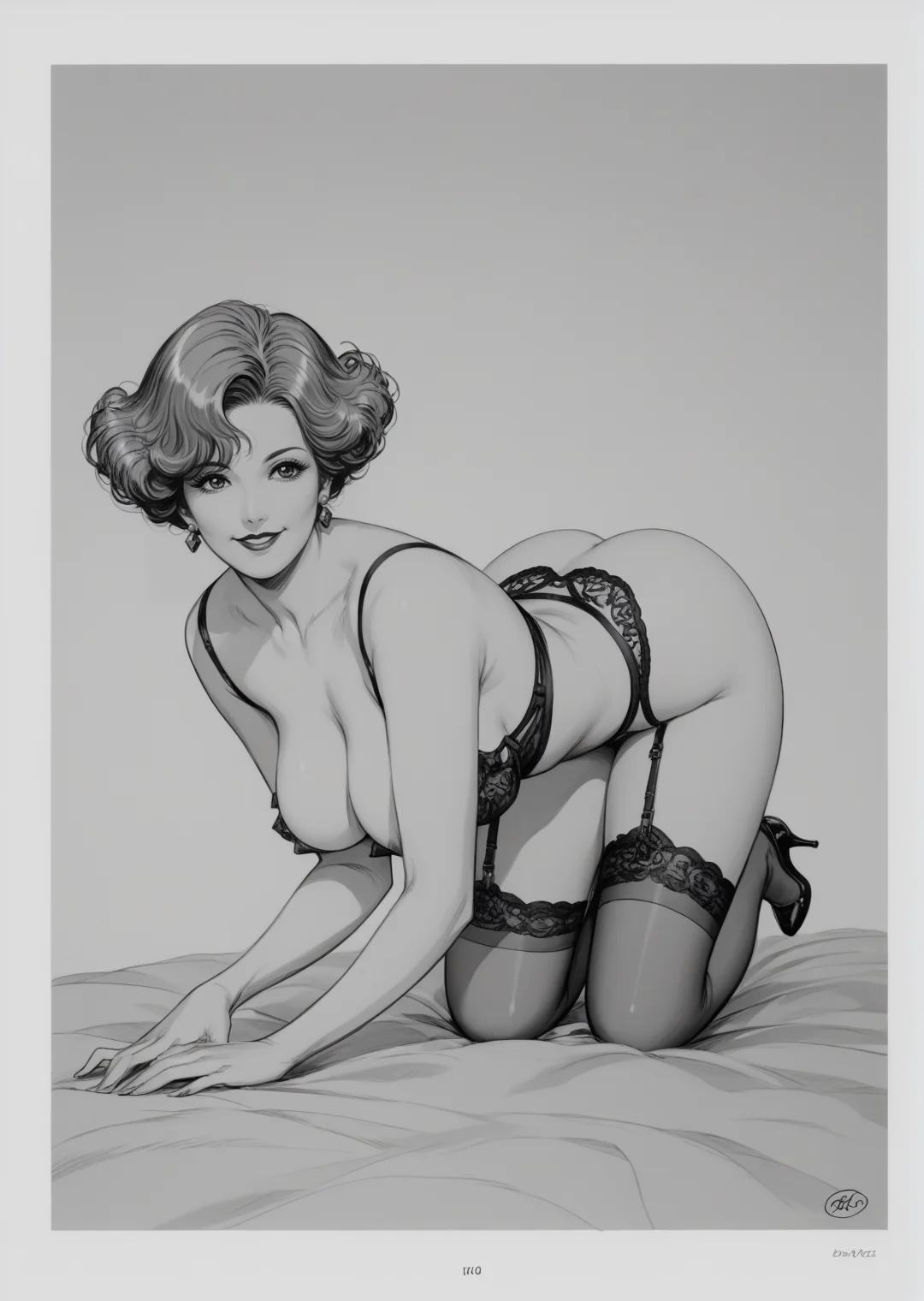 score_9, score_8_up, score_7_up, score_6_up retro in the 50s, monochrome, pastel,inked style,vintage,,comic-style drawing featuring with a voluptous and curvy body and large saggy breasts,wearing lingerie, garterbelt, fine nylon stockings,very short wavy blond hair ,kneeling, ass up, sexy pose, naughty smile, high heels,background old rococo brothel, vintage luxurious boudoir,<lora:LEONE_FROLLO_PONY:1>