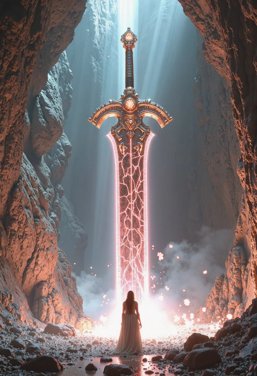 imagine Colossal, cracked sword with glowing runes plunged into the ground in a vast, dark cave. A woman in silver armor stands before it, her expression resolute and melancholic. Scattered crystals illuminate the cave, revealing remnants of ancient battles. Dim blue and purple hues, swirling mist, and deep shadows create a mystical and epic atmosphere. Digital art, fantasy realism, cinematic lighting.