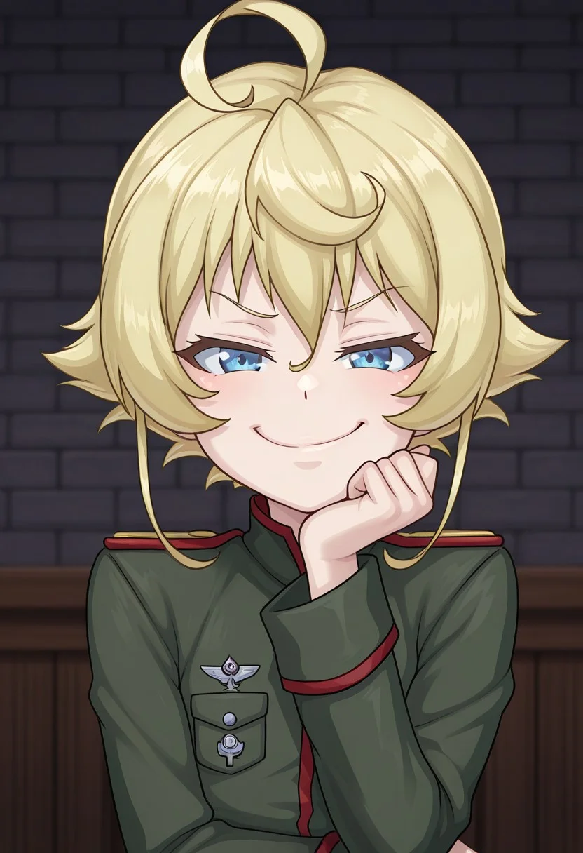 masterpiece,best quality,amazing quality,very aesthetic,
BREAK
outfit1, aaa_tanya,, flat chest, blonde hair, short hair, ahoge, blue eyes, military uniform, green jacket, long sleeves, upper body, looking at viewer, smug, hand on chin,
solo, KonosubaFantasticDays-Liver020