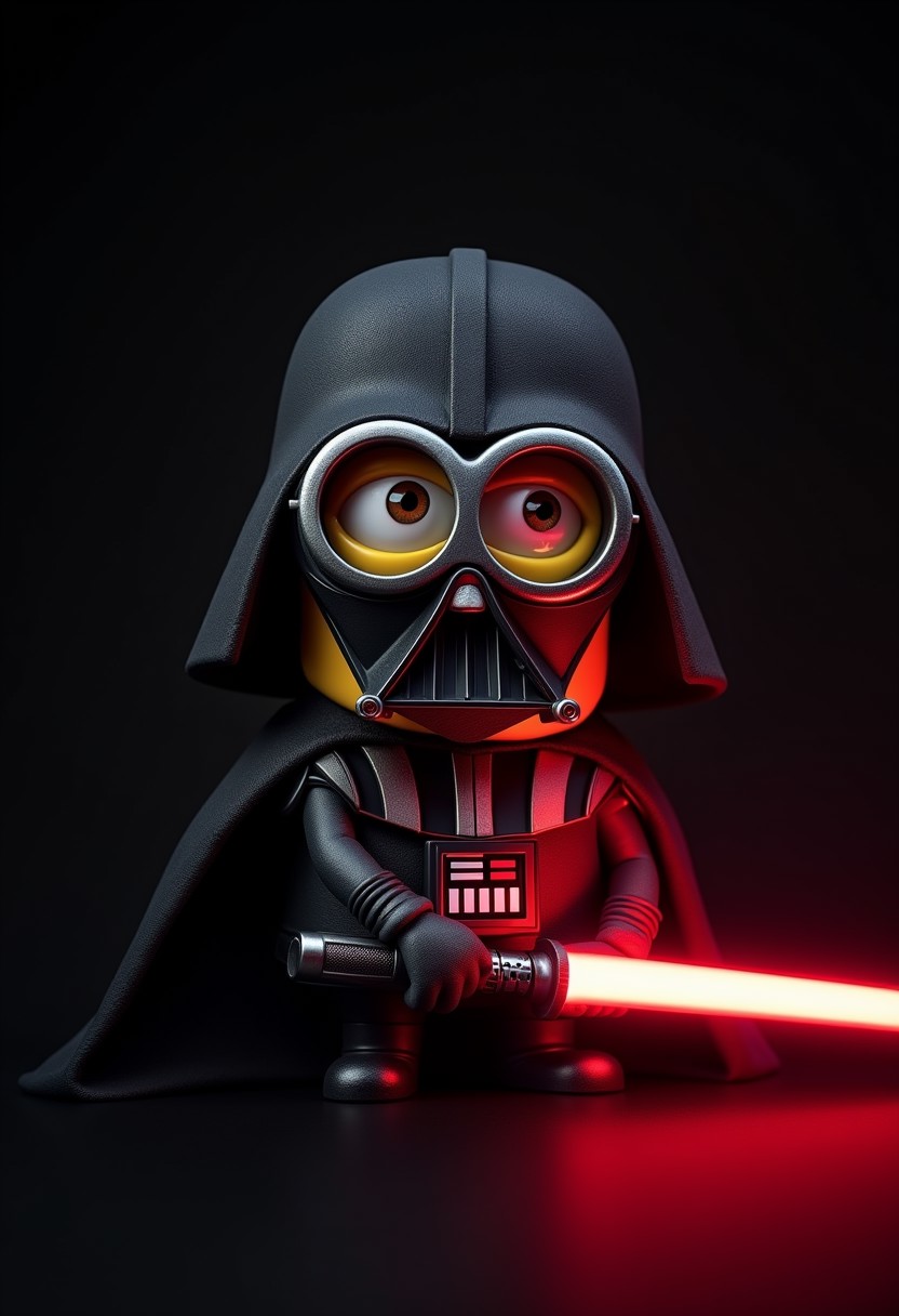 A minion from despicable me, wearing darth Vader's helmet, holding a red lightsaber, masterpiece, 4k, best quality, highly detailed, pitch black background,