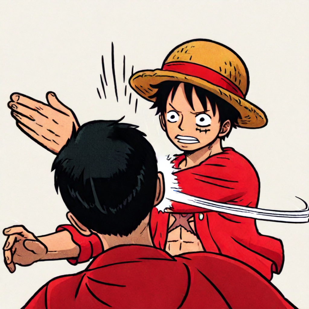 <lora:Monkey_D._Luffy_-_One_Piece_-_Illu_Comission:0.6>, Luffy, red jacket, scar on chest, straw hat, black hair,  2boys, <lora:batman_slap_meme_illustriousXL-000015:1>, slapping, slapping motion, motion lines, masterpiece, highres