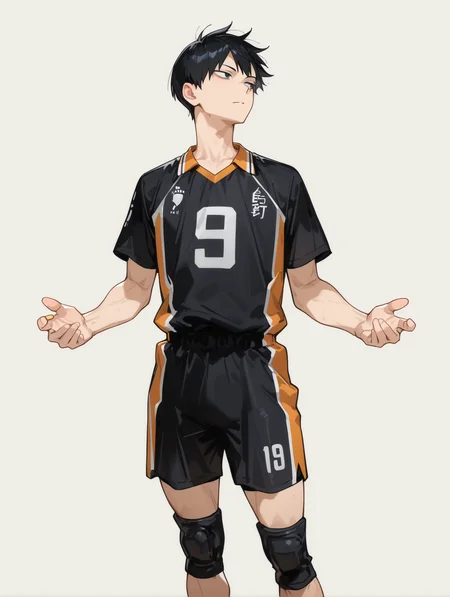 perfect quality,high quality,masterpiece,best quality,amazing quality,very aesthetic,absurdres,newest,
front view,full_shot,Doubtful expression,
KageyamaTobioCYQL,<lora:KageyamaTobioCYQL:1>,1boy,male focus,solo,black hair,black eyes,volleyball uniform,sportswear,short sleeves,knee pads,shirt,shorts,black shorts,sneakers,shoes,
full body,standing,w_arms,,
silver background,simple background,
<lora:USNR STYLE_XL_loha:0.45>,usnr,<lora:spo_sdxl_10ep_4k-data_lora_webui:0.5>,<lora:illustrious_all_rated_v1:0.6>,<lora:ponyv5_noobV065S_1_adamW:0.7>,<lora:748cmSDXL:0.8>,748cmstyle,<lora:DarkerThanBlackIllustrious:0.5>,<lora:CUTE2712_Illustrious by Cyql:1>,CUTE2712,