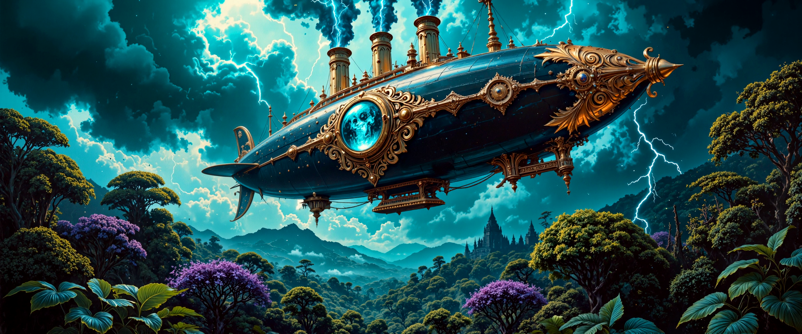 fantasy painting in a classical romantic style, with strong rococo and steampunk influences. a majestic and otherworldly airship hovers above an alien jungle canopy on a distant planet, its hull sculpted in ornate rococo flourishes and gilded scrollwork, the overall design appearing like a floating masterpiece of royal craftsmanship crossed with arcane technology. the centerpiece of the airship is a large glowing blue-green orb, embedded at its heart like a mystical jewel, its light casting an eerie ethereal glow on the surrounding metalwork, the orb pulses with arcane energy and powers the vessel, positioned beneath three towering smokestacks that erupt with vibrant, spiraling blue-green flame, each chimney adorned with curling golden embellishments and asymmetrical rococo decorations. the hull is crafted from a dark, almost obsidian-like alloy, richly inlaid with golden veins and delicate engravings, giving the ship a regal yet alien aesthetic, its silhouette recalling the shape of a fantastical sea creature or baroque cathedral adrift in the sky. below, the dense jungle stretches endlessly, made up of lush alien flora in deep green and violet hues, trees and plants with exaggerated forms and bioluminescent accents dot the landscape, creating an environment that feels vibrant, mysterious, and untamed. a violent storm churns in the sky above, deep slate clouds rolling overhead, two jagged bolts of lightning crack through the darkened atmosphere, illuminating the airshipâs golden curves and the jungle canopy in brief flashes of brilliance, the storm light casts dramatic contrasts and sharp reflections across the hull. the camera angle is a slight low angle and tilted perspective, creating a dynamic and immersive composition, the airship dominates the upper center of the frame, its glow a beacon in the gloom, lending the image a sense of awe and tension as if the viewer is witnessing a mythic event unfold. the color palette is moody and rich, dominated by cool, saturated tonesâblues, teals, purples, and deep greensâwith golden highlights providing visual contrast and drawing the eye to the details of the ship. painterly brushwork with soft gradients and sfumato effects, capturing atmosphere and detail without losing the dreamlike quality, lighting reminiscent of rembrandtâs chiaroscuro style, combining glowing highlights with enveloping shadows, the overall image resembles a masterwork oil painting, merging fantastical elements with the grand tradition of classical portraiture and dramatic landscape. shot with cinematic composition and lighting, prioritizing narrative scale, mysterious ambiance, and mythic grandeur, ovg, aidmamj6.1, <lora:midjourney_61-v0.5-flux-by_aidma:0.56> <lora:style-rembrandt-flux-by_tangbohu:0.52>