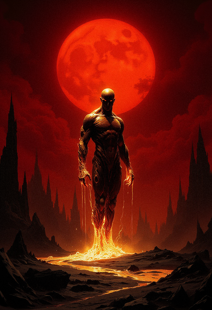 A glowing humanoid figure made of molten gold, standing in a surreal desert of black sand under a burning crimson sky. The figure's body is entirely liquid, constantly shifting and rippling as if it's made of lava, with trails of molten gold dripping from its limbs. The desert around it is barren, with sharp, obsidian-like rocks jutting out of the ground. A bright red sun hangs low in the sky, casting a harsh, unearthly light across the scene. The atmosphere is otherworldly, creating a stark contrast between the flowing golden figure and the black, desolate landscape.   <lora:dark_fantasy_flux:0.83> <lora:FredFraiStyle-FLUX-Share:0.63> <lora:sxz-Dark-Fantasy-v2-Flux:0.33> drkfnts style,