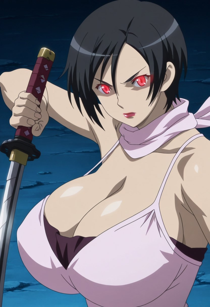 anime screencap,anime coloring,from front,1girl,solo,Saya,black hair,short hair,red eyes,glowing eyes,lipstick,bare shoulders,scarf,formal,dress,no cloth,huge breasts,serious,holding katana,dynamic pose