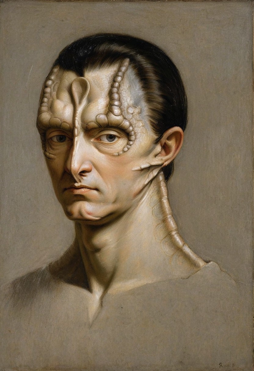 masterpiece oil painting by Rembrandt and Leonardo da Vinci, upper body renaissance portrait oil painting of (a male c4rd45514n alien, forehead crest, grey skin, ridges, scales), militaristic general, black hair slicked back