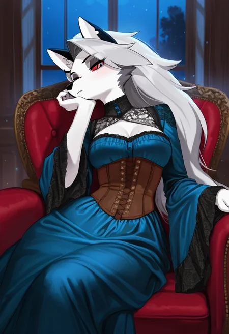 furry, loona, masterpiece, best quality, amazing quality, ultra detailed, solo, 1girl, adult, long dress, wide sleeves, ornate dress, corset, victorian dress, sitting, armchair, brocade, reclining, leaning on side, chin down proud, indoors, night, particles, cowboy shot,