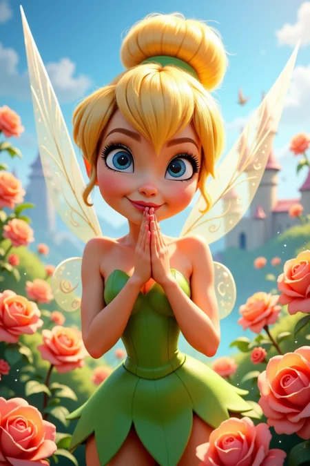 Animated Films of TinkerWaifu, she is say hi, arms together in a cute way, solo focus, roses around, fairy wings, blue eyes, green dress, sexy, hair bun, a lot of flowers, castle, magic particles, pastel colors, perfect composition, dynamic shot, Animated Films, often for animated characters, creative visuals, or family-friendly entertainment, cowboy_shot