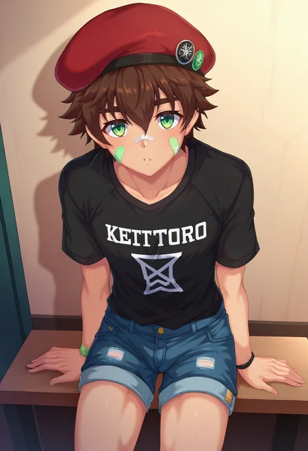 masterpiece, best quality, , semi-realistic, looking at viewer, , 1boy, solo, male focus, <lora:keitaro_nagame_ilxl:0.94>, keitaro_nagame, brown hair, green eyes, short hair, bandaid on face, , , Pleated denim shorts, MidnightBlack Performance T-shirt, , Beret,
