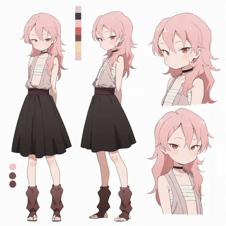 masterpiece,best quality,amazing quality,very aesthetic,absurdres,newest,<lora:add-detail-xl:1>,
<lora:CharacterDesignIllustrious_Concept:0.8>,CharacterDesignIllustrious,reference sheet,simple white background,(color guide:1.2),(multiple views),(full body),dynamic pose,<lora:illustriousXL Benisumomo V1:1>,benisumomo,long hair,hair ornament,red eyes,pink hair,hairclip,flat chest,japanese clothes,choker,black choker,sarashi,chest sarashi,black skirt,brown socks,