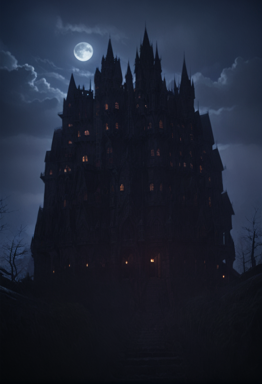 ,ruanyi1063,bare tree,castle,fog,night,dark,moon,<lora:1063 castle_v1_pony:1>, score_9,score_8_up,score_7_up,,8k,1girl,solo,,