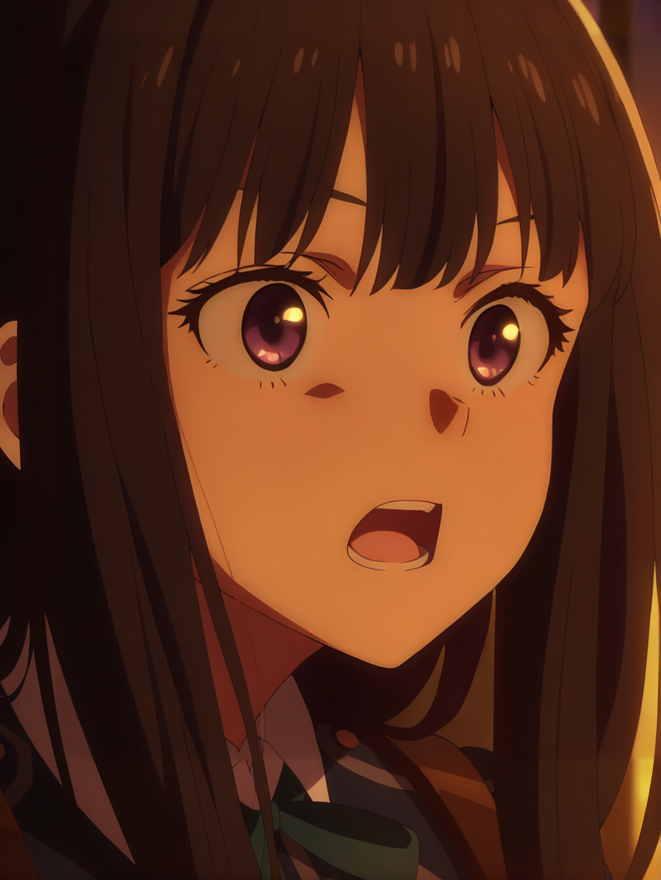 <lora:Takina_Inoue:0.8>, inoue_takina, 1girl, solo, black long hair, purple eyes, blue lycoris uniform, green neck ribbon, white collared shirt, backpack, startled, wide eyes, open mouth, teeth, looking forward, portrait, indoors, sunset, blurry background