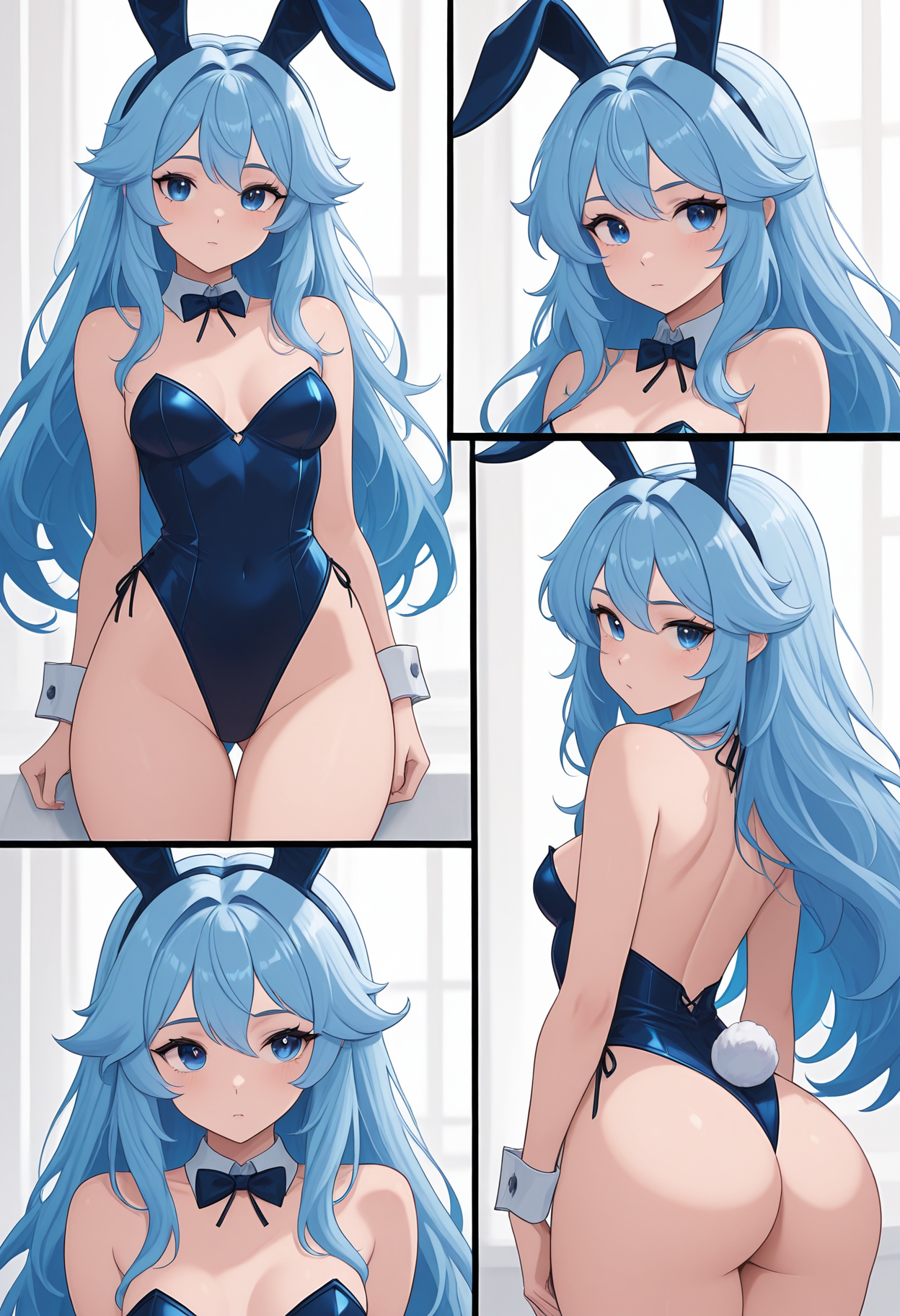 1girl, long blue hair, bunny ears, bunny tail, masterpiece, 4k, small breasts, cute, looking at viewer, adult, dark blue eyes,  <lora:CatgirlPanel_Illustrious_v2-000008:0.7>, multiple views, comic,  <lora:CatgirlStyle-000014:1>, CatGirlStyle