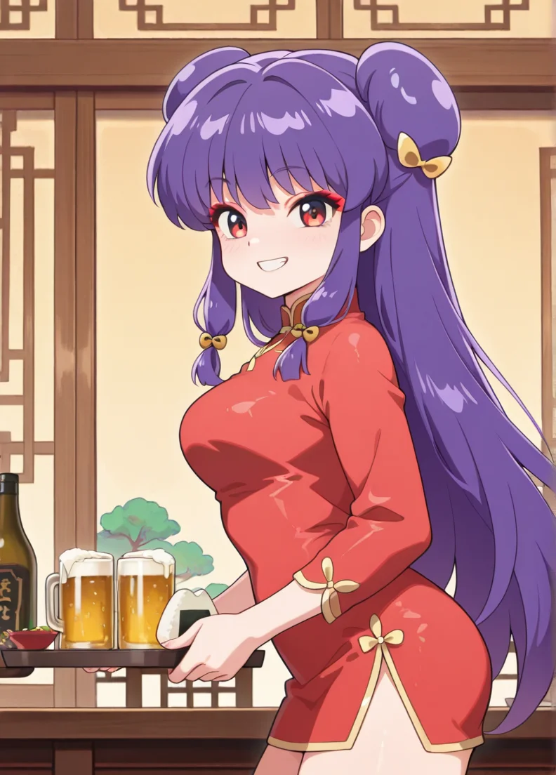 masterpiece, best quality, amazing quality, very aesthetic, absurdres, newest, detailed background, 4k, 8k,
shampooxd, 1girl, solo, smile, looking at viewer,
purple hair, long hair, double bun, hair bun, red eyes, hair ornament, bow, bangs, sidelocks, hair bow,
china dress, red dress, short dress, long sleeves, from side, grin, chinese restaurant, food, onigiri, beer, holding, holding food tray, tables, chairs,
medium breasts, <lora:Shampoo_-_Ranma_12_Remake_Illustrious:1>