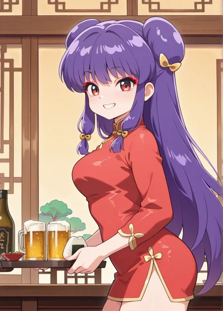 masterpiece, best quality, amazing quality, very aesthetic, absurdres, newest, detailed background, 4k, 8k,
shampooxd, 1girl, solo, smile, looking at viewer,
purple hair, long hair, double bun, hair bun, red eyes, hair ornament, bow, bangs, sidelocks, hair bow,
china dress, red dress, short dress, long sleeves, from side, grin, chinese restaurant, food, onigiri, beer, holding, holding food tray, tables, chairs,
medium breasts, <lora:Shampoo_-_Ranma_12_Remake_Illustrious:1>