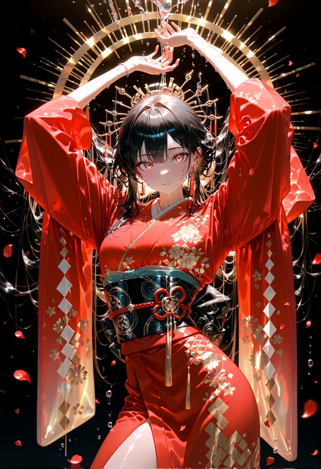masterpiece, best quality, amazing quality, very aesthetic, absurdres, newest,
dark background black background petals water horizon backlighting,
red kimono
standing contrapposto, outstretched_arm,arms up, from front,close-up,upper body ,looking at viewer,(arched back:0.88)
{{best_quality}},{{amazing_quality,very_aesthetic}},
masterpiece, best quality, amazing quality, very aesthetic, absurdres, newest, volumetric lighting, <lora:spo_sdxl_10ep_4k-data_lora_webui:1> <lora:KonyaKarasue-Lokr-NOOBEPS110:1> <lora:holographiccolor:0.85> <lora:USNR STYLE_XL_loha:0.15>