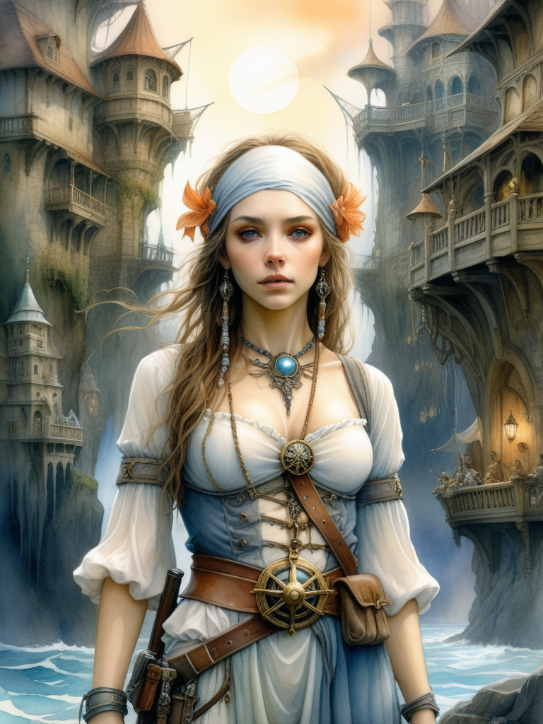 <lora:08SurealismArt_Hap_XL:1>,  frida kahlo style,   Watercolor illustration of "Curse of the Caribic" with Jack Sparrow at the center, merging the artistic styles of Patrick Rothfuss, Alan Lee, Brian Froud, Josephine Wall, featuring whimsical characters, ethereal atmosphere, fantasy architecture in the background, enchanting elements, subtle color palette, soft lighting, high level of fantasy detail, intricate details as envisioned by Greg Rutkowski, sharp focus, studio lighting,, Watercolor, trending on artstation, sharp focus, studio photo, intricate details, highly detailed, by greg rutkowski,