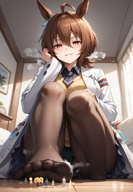 safe_pos, score_9,score_8_up,score_7_up, source_anime BREAK 1girl, foot focus, feet, covered feet, pantyhose, foreshortening, solo, straight_legs, ((steamy_feet)), giantess, giant, huge woman, POV,stepping on viewer, jitome, half-closed eyes, smug, biting lip, looking down, horny, blushing,(standing up looming above viewer),size difference, shrunken man under foot,under_foot_tiny, bedroom, cute bedroom, messy room,
Agnes Tachyon,1girl, jewelry, purple eyes, purple hair, messy hair, animal ears, orange eyes, solo, horse ears, red eyes, bangs, medium hair, short hair, brown eyes, ahoge, horse tail, brown hair, green hair, earrings, horse girl, hair between eyes,single earring, long sleeves, sleeves past wrists, sleeves past fingers, collared shirt, black shirt, yellow sweater, sweater vest, black necktie, short necktie, open coat, white coat, labcoat, test tube, vial, zipper, black pantyhose,
giantess, steam, sweat steam, view from below, (extreme low angle view), cowboy shot, view from the floor looking up,