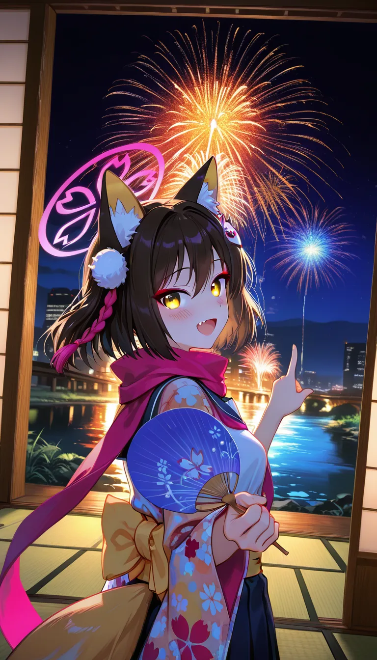 izuna \(blue archive\),
dark,night,
colorful,vibrant,glowing outline,1girl,solo,
<lora:hanabitaikai:0.8>,hanabitaikai,upper body,smile,blush,looking back,city,cityscape,scarf,one hand Pointing sky,(closed hand:1.1),indoors,standing,looking at viewer,tatami,fusuma,skirt,dynamic angle,cinematic angle,window in fireworks,reaching,open_mouth,(holding_uchiwa:1.2),river,