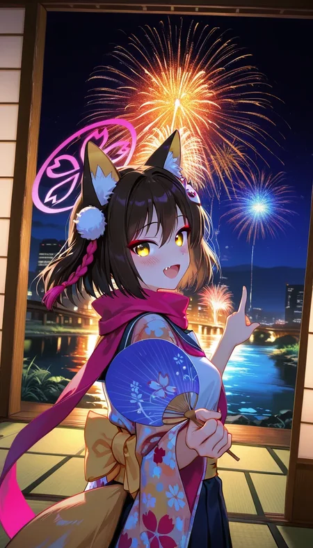 izuna \(blue archive\),
dark,night,
colorful,vibrant,glowing outline,1girl,solo,
<lora:hanabitaikai:0.8>,hanabitaikai,upper body,smile,blush,looking back,city,cityscape,scarf,one hand Pointing sky,(closed hand:1.1),indoors,standing,looking at viewer,tatami,fusuma,skirt,dynamic angle,cinematic angle,window in fireworks,reaching,open_mouth,(holding_uchiwa:1.2),river,