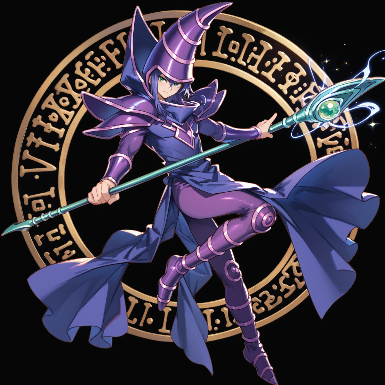 (score_9:0.9),score_8_up,score_7_up,rating_safe,(zPDXL),(zPDXL3),<lora:Dark Magician ponyXL v1.2:0.72>,dark magician,1boy,male focus,solo,magic circle,staff,purple wizard hat,black background,green eyes,holding staff,full body,closed mouth,simple background,looking at viewer,purple thigh boots,smile,purple wizard clothes,