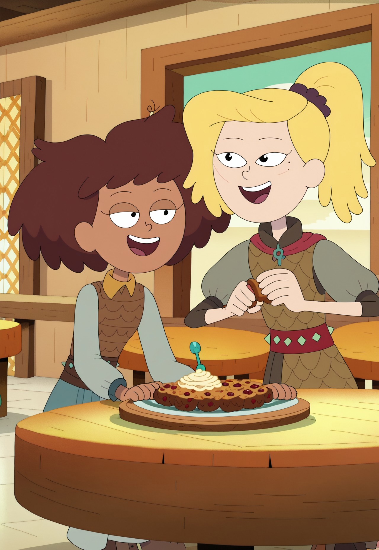 ((score_9)), SHAMPSTYLE, 2girls, CHAnneboonchuy, CHSASHAWAYBRIGHT, sitting at medieval table, happy, food on table