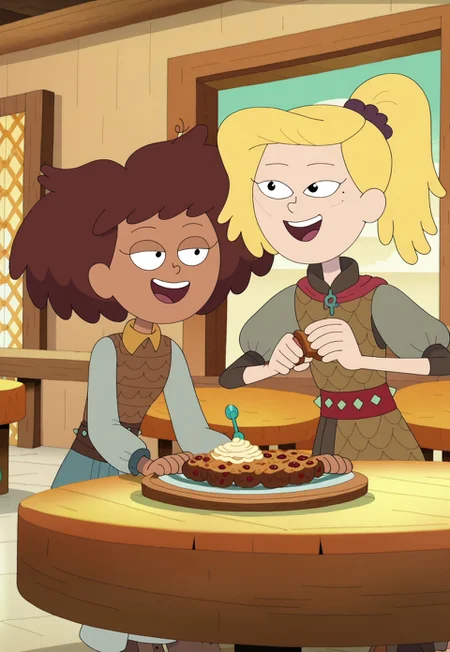 ((score_9)), SHAMPSTYLE, 2girls, CHAnneboonchuy, CHSASHAWAYBRIGHT, sitting at medieval table, happy, food on table
