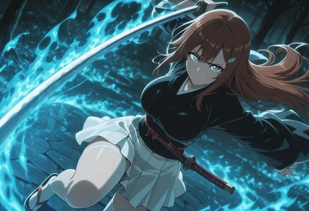 masterpiece, best quality, amazing quality, vslinxbleachtybw style, absurdres, perfect face, detailed face, eye_focus, 4ur4_illu,shiny,
(Girl:0.0), 1girl, cute, attractive, brown hair, long hair, very long hair, bangs, hairclip, grey eyes, ultra-detailed anime eyes, eye trail, large breasts, kimono, dark kimono, Wide sleeves, sash, obi,  white skirt, white knee high stocking, sandals, katana, sheathed,
(Pose:0.0), ((looking at viewer)), fighting stance, windy, dynamic pose, dynamic composition, katana, green flames, blue flames, 
(Emotion:0.0) serious, eyes open, closed mouth, furrowed brow, 
(Scene:0.0), cowboy shot, from front, dutch angle, outdoors, windy, maple tree, maple leaves, scenery, detailed background, depth of field, flame_theme, dark_theme, detailed backgroud, aesthetic,