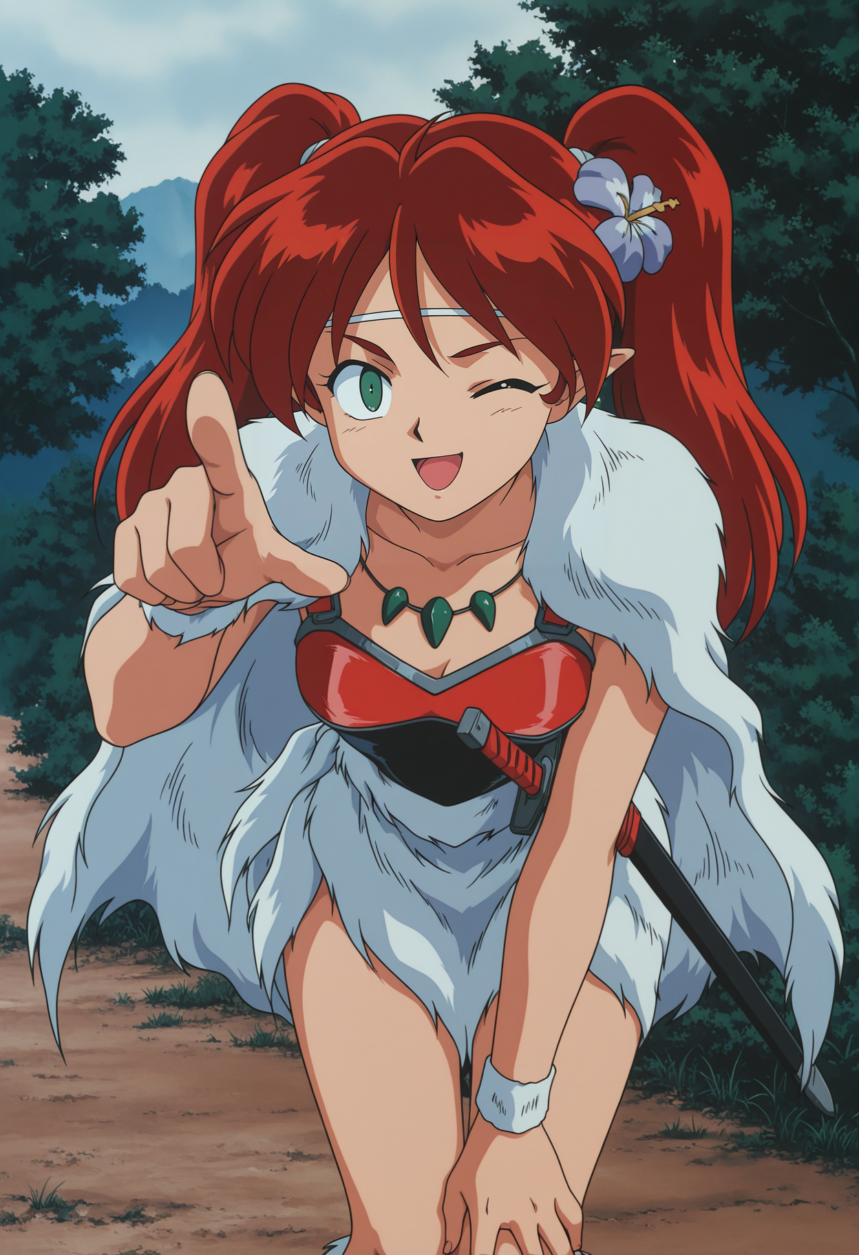 1girl,solo,mm,mature female,long hair,twintails,red hair,green eyes,hair ornament,hair flower,pointy ears,retro artstyle,anime coloring,
necklace,cape,headband,wristband,fur skirt,breastplate,sword,sheath,sheathed,leaning forward,hand on own knee,pointing at viewer, looking at viewer, one eye closed, open mouth,naughty face, outdoors,cowboy shot, 
,masterpiece,best quality,amazing quality,<lora:Ayame-InuYasha:0.8>