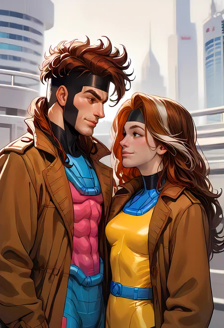 Gambit and Rogue from X Men, looking each other, cute scene, romance ambience
One is Gambit, Dsk_Remy_Lebeau, 1boy, auburn hair, black sclera, bodysuit, closed mouth, coat, colored sclera, facial hair, stubble, headband, muscular, open clothes, open coat, (red eyes), thick eyebrows, trench coat, upper body
Two is Rogue, 1girl, classicrogue, long hair, green eyes, brown jacket, big hair, multicolored hair, brown hair with white highlights in the front, parted lips, open clothes, belt, two-tone hair, bodysuit, skin tight, multicolored clothes, dyed bangs, multicolored bodysuit, green bodysuit, yellow bodysuit, smiling, cityscape, dutch angle))
score_9, score_8_up, score_7_up, score_6_up, score_5_up, score_4_up,
<rogue_(x-men):1> classicrogue
<lora:Gambit_X-men_97__Comics_PDXL:1>
<lora:incase-ilff-v3-4:0.8>